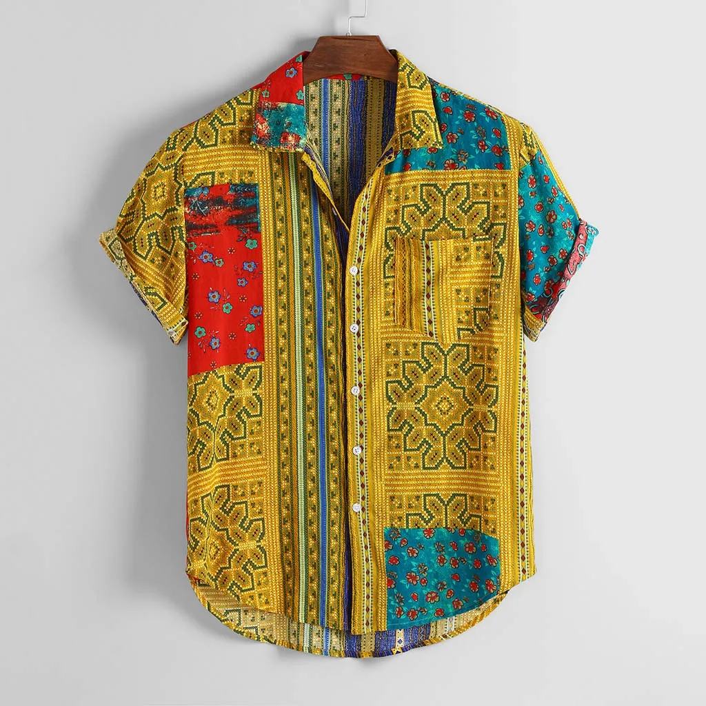

2019 Short Sleeve Printing Shirt Men Ethnic Style Button Casual Breathable Stylish Summer Vintage Tropical Hawaiian Shirt Hombre