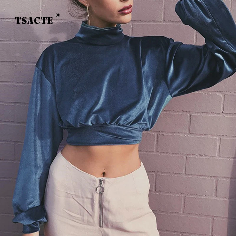 

Women's Fashion High-Neck Velvet Short Cropped Thin Sweater Autumn Winter New Slim Long-Sleeve Tops Sexy Street Elegant Pullover