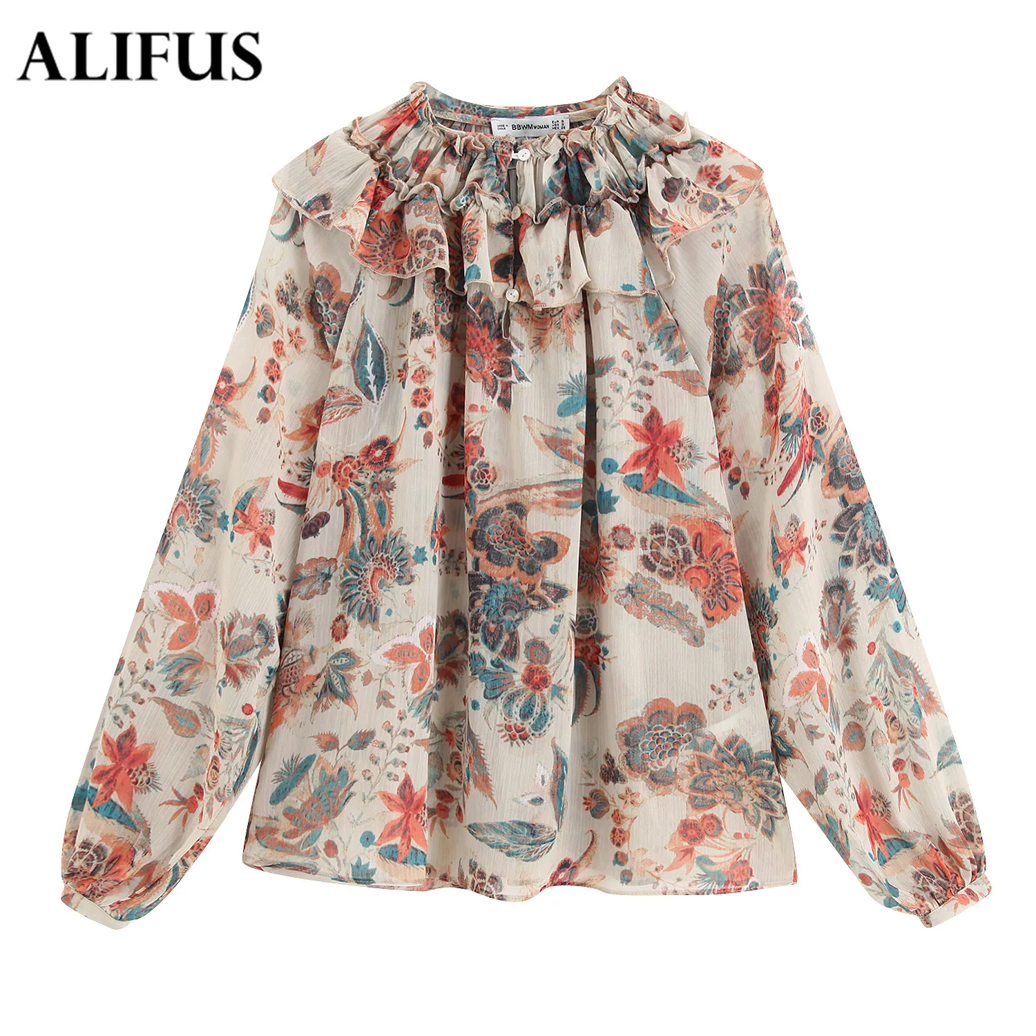 

Fashion Za Floral Print Chiffon Women Shirt Blouse Autumn Ladies Ruffles Neck Long Sleeve Blouse Vintage Blouses Elegant Tops
