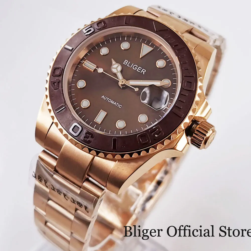 BLIGER Rose Gold Automatic Men Watch Date MIYOTA Self Winding Movement Deployment Clasp Rotating Bezel afbeelding