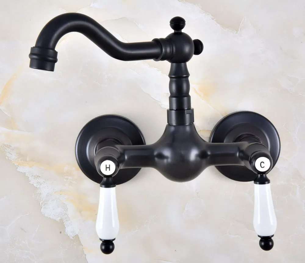 

Black Oil Rubbed Bronze Swivel Spout Bathroom Basin Faucet / Two Hole Wall Mounted Dual Ceramic Handles Mixer Taps tnf868