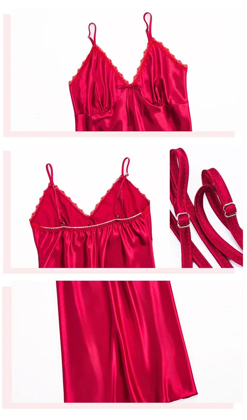 LISCN, красное Женское ночное платье, женская шелковая ночная рубашка, пижама, женский сексуальный халат, v-образный вырез, без рукавов, кружевной подол