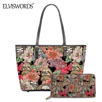 

ELVISWORDS Cute Sloth Flowers Pattern 2pcs Women Handbag 2020 Fashion Luxury Brand Bag for Lady Large Shoulder Tote and Wallet