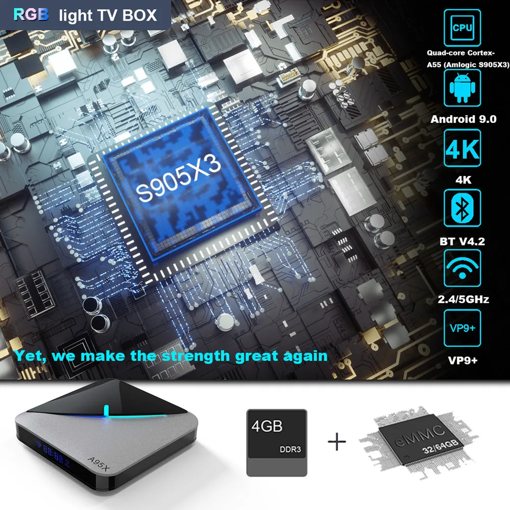 Android 9,0 RGB светильник Smart tv Box A95X F3 Air 4 Гб 64 Гб Amlogic S905X3 Wifi 4K 60fps поддержка Netflix Youtube Google плеер X3