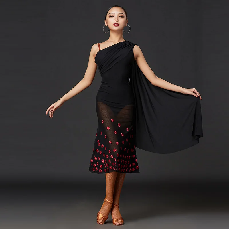 Сексуальное женское платье для латинских танцев с наклонным плечом и открытой