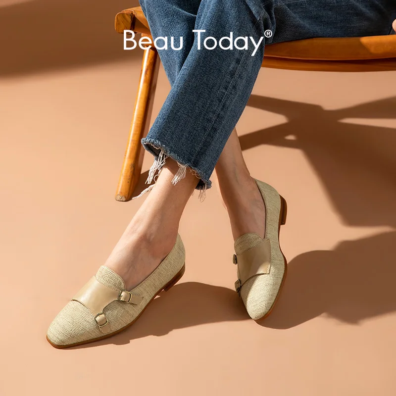 Женские парусиновые Лоферы BeauToday с двойной пряжкой без шнуровки закругленным