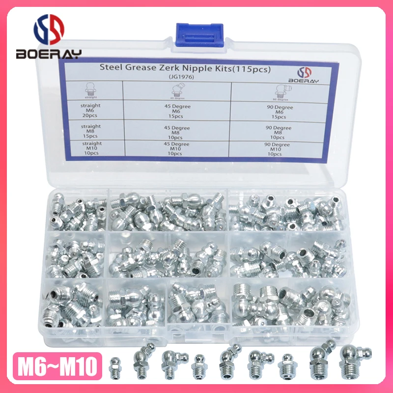 Grease Guns Accessories 115Pcs Steel Grease Zerk Nipple Fitting Hydraulic Zerk Grease Fittings Straight 90-Degree 45-Degree for Automotive DIY
