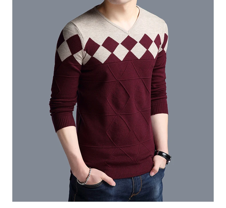 BROWON Autumn Vintage Sweater Men Collarless Sweater Christmas Sweaters Fashion V-neck Casual Slim Sweaters Men for Business