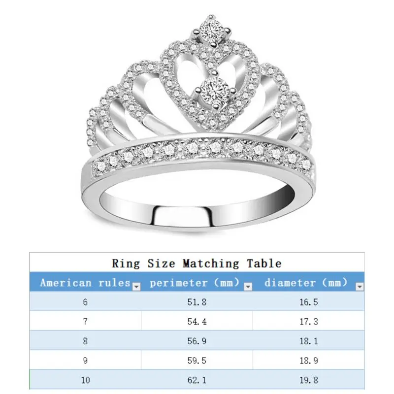 Женские Модные ювелирные изделия Серебряная Хрустальная корона Сердце Циркон кольцо для женские украшения подарок