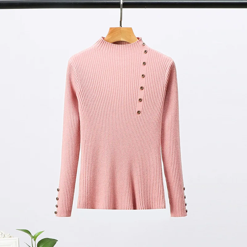 Осенне-зимний свитер с высоким воротом на пуговицах, женский тонкий базовый вязаный пуловер, женские свитера для женщин, джемпер, зимние женские рубашки - Цвет: Pink