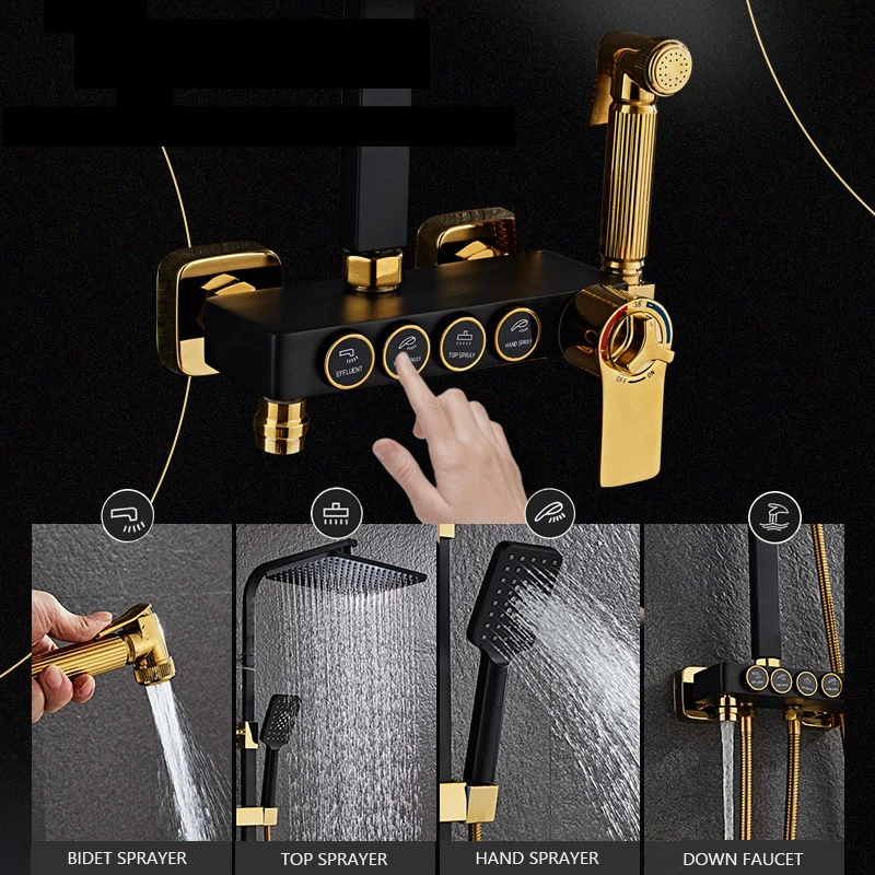 Thermostatic Shower Set Square Head SPA Rainfall Shower System Bathroom Wall Mount Black Bath Faucet Hot Cold Mixer Copper Tap