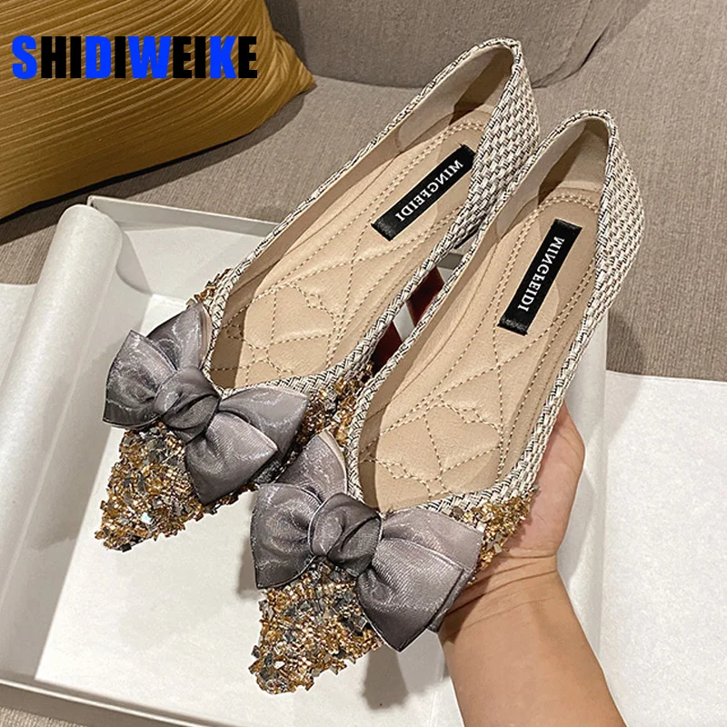 Women Flat Shoes Pointed-Toe Butterfly-knot Fashion Plus Size 43 Loafers For Women Flats Shallow Luxury Wedding Shoes AD1022
