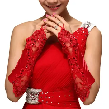 

1 Pair Women Bridal Long Gloves Fingerless Embroidery Lace Glitter Sequins Solid Color Elbow Length Mittens Hook Finger We