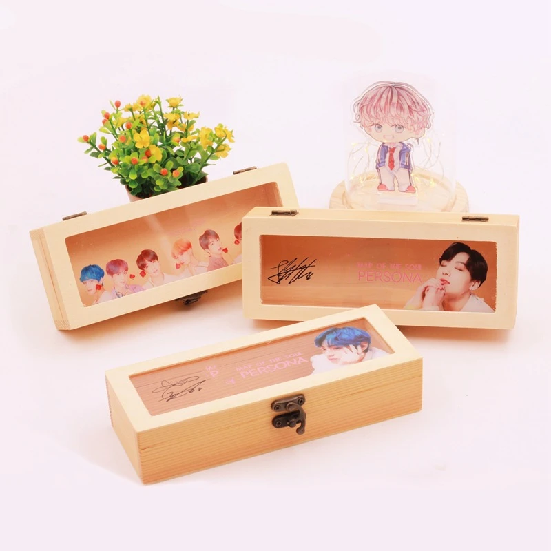 1 Kpop Bangtan Boys Retro Pine Rectangular Wooden Storage Box Flip Solid Wood Gift Box Handmade Craft home Case box - Цвет: 1