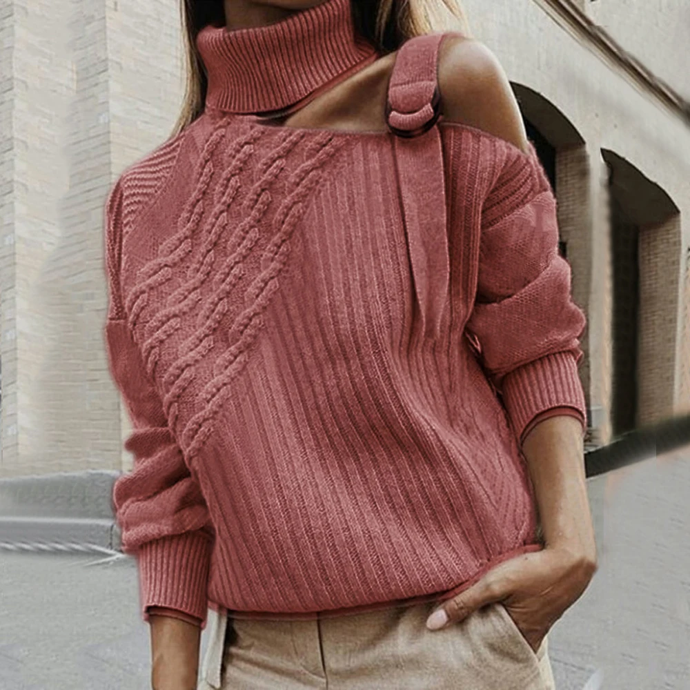 Women Patchwork Sexy Off Shoulder Buckle Turtleneck Warm Autumn Pullover Winter Long Sleeve Ribbed Sweater Knitted Tops Jumper Women Patchwork Sexy Off Shoulder Buckle Turtleneck Warm Autumn Pullover Winter Long Sleeve Ribbed Sweater Knitted Tops Jumper