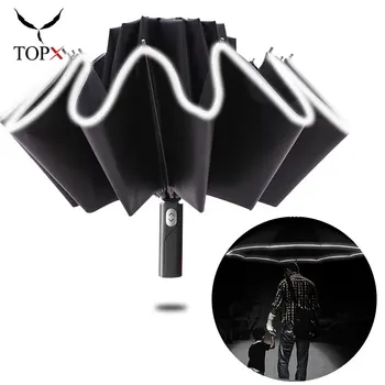 

Strong Windproof Automatic 3Folding Reverse Umbrella Rain Women Reflective Stripe 10K Parasol Large Business Umbrellas Men зонт