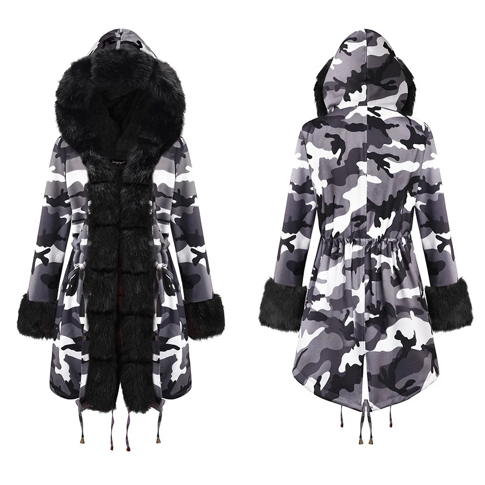 Теплое Женское пальто с меховым воротником, длинное плотное камуфляжное плюшевое пальто с капюшоном, зимняя женская куртка размера плюс, верхняя одежда, парка для женщин - Цвет: Black ash