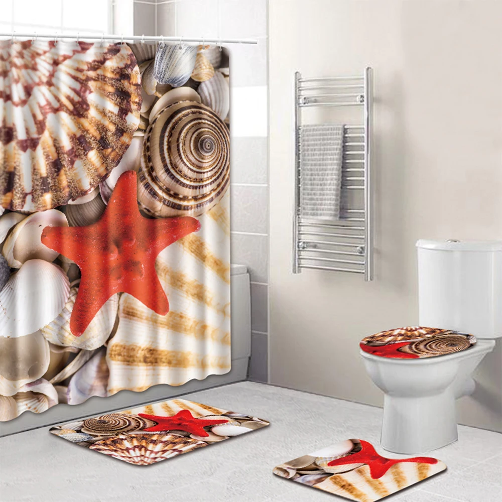 

New Elephant Printed Pattern Non-slip Bath Mat Set Wateproof Shower Curtain Pedestal Rug Lid Toilet Cover Mat Bathroom Supplies