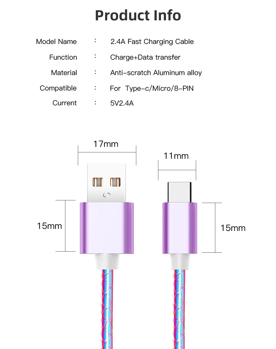 Цветной градиентный USB кабель 2.4A кабель для быстрой зарядки QC3.0 USB C Micro usb телефонный кабель для передачи данных для samsung A50 S9 huawei P30