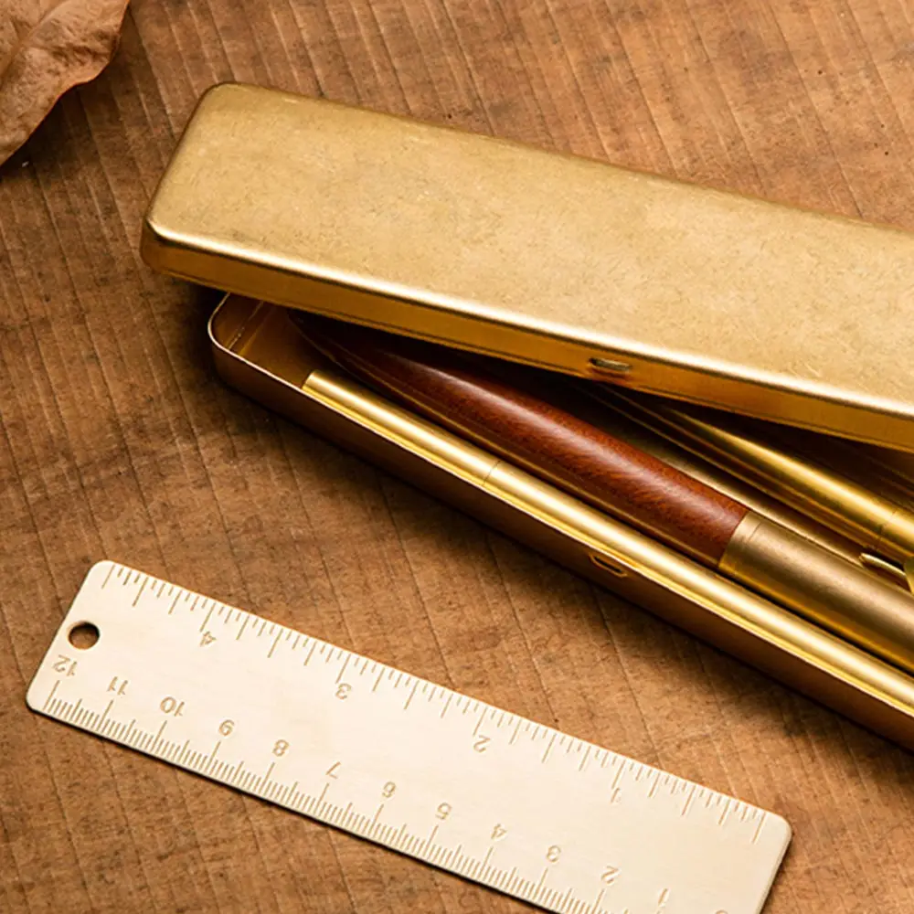 Brass Gift Pen Box Tin Box Metal Pen Holder Stationery Storage Stationery Container Creative school Office Supplies