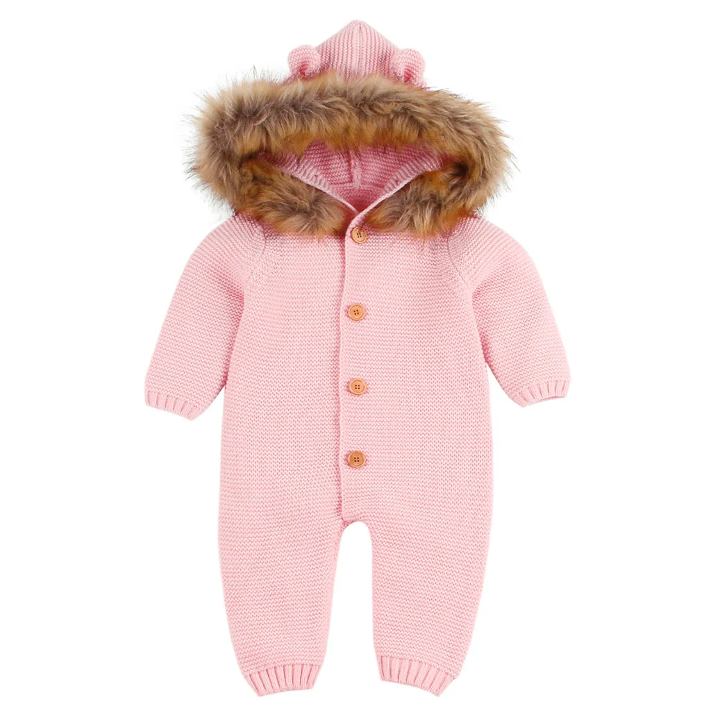 Детский комбинезон; Одежда для новорожденных; зимняя одежда для маленьких мальчиков и девочек; Теплый Вязаный комбинезон с капюшоном и мехом; повседневная одежда; куртки для младенцев - Цвет: Розовый