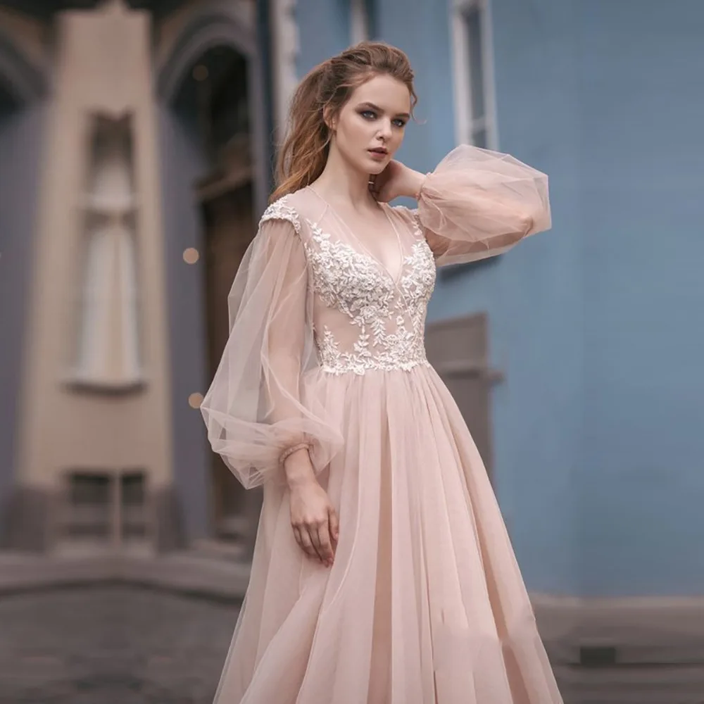 Трапециевидные Свадебные платья Vestido De Noiva Mariage, пляжные Длинные Пышные Рукава, кружевные аппликации, v-образный вырез, свадебное платье