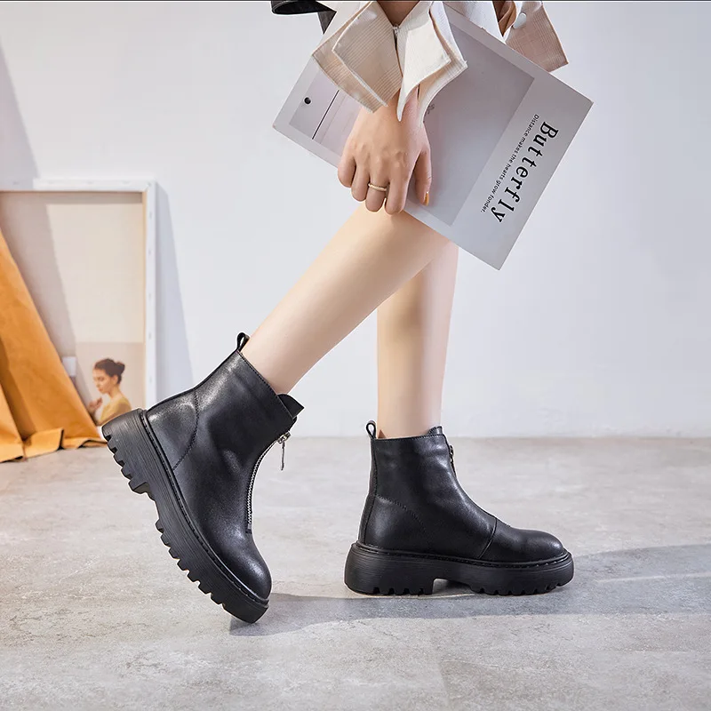 

Genuine Leather Front Zipper Short Boots Women's 2019 Autumn & Winter New Style plus Cotton Martin Boots Thick Bottomed Leather
