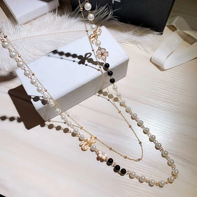 Women Long Pearl Camellia Necklace sweater chain collane lunghe donna Bow Flower  layered Party Necklace - AliExpress