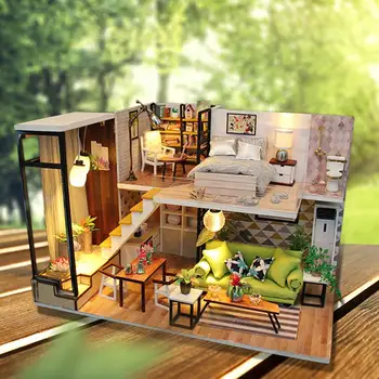 

wooden large doll house modern city loft kids home toys diy miniature doll house wood kit furnitures lamp bed zabawki dla dzieci