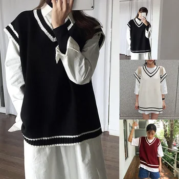 

Casual Fashion Women Autumn Spring Sweaters V Neck Sleeveless Solid Color Vests Sweaters Loose Pullover Tops