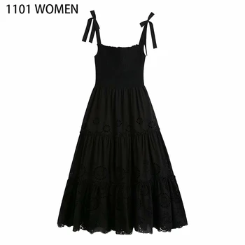 

2020 NEW Summer women black solid square collar spaghetti strap sleeveless mid-calf dress female fashion casual clothes