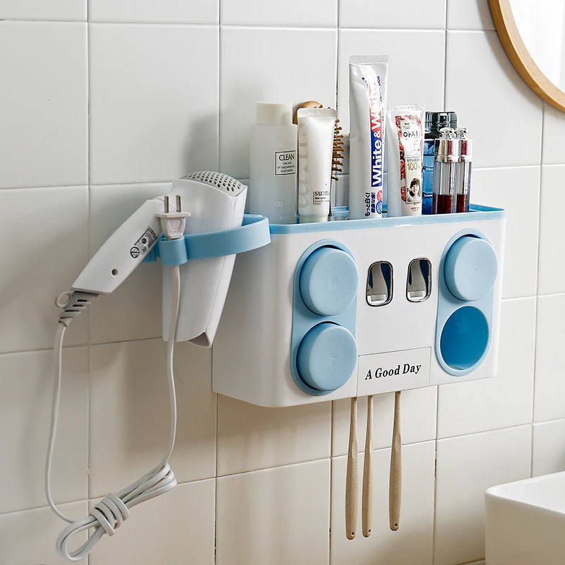 

Practical Automatic Toothpaste Dispenser Creative Wall Mount Suction Cup Toothbrush Storage Holders Multifunction Bathroom Shelf
