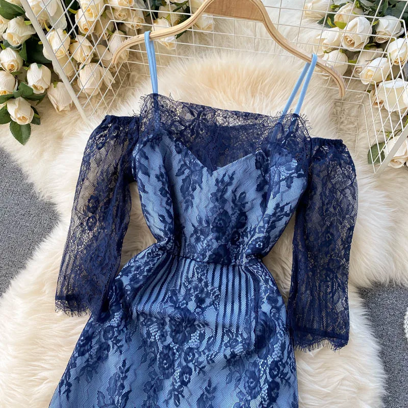 collar off shoulder design perspective lace middle sleeve slim fit bag hip Chiffon Ruffle Dress women's spring dress