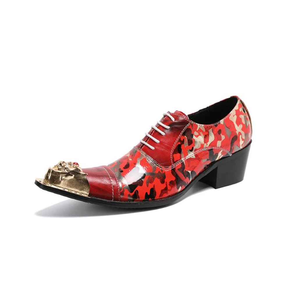 Mens British Style Pointed Toe Patent Leather Red Lace-up Leather Shoes Printed Dress Wedding Shoes Large Size 37-46