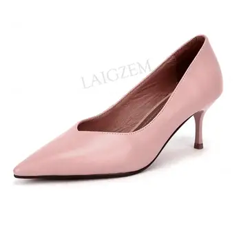 

LAIGZEM Women Heels Pumps Real Leather Mid Heels Party Prom Wedding Sandals Office Ladies Shoes Woma Girls Big Size 41 42 43