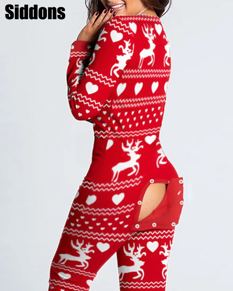 Sexy Women Christmas Cutout Functional Buttoned Flap Adults Pajamas Club Button Design Plunge Lounge Jumpsuit 2