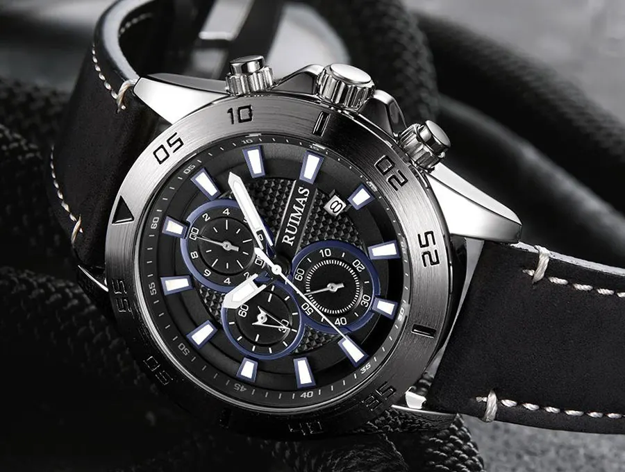 Мужские Военные Спортивные часы RUIMAS, Роскошные Кварцевые часы с кожаным ремешком, мужские часы от ведущего бренда с синим циферблатом, наручные часы с хронографом 572