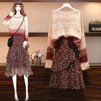 

4XL large size women's spring 2020 new slim sister was thin and foreign style chiffon floral skirt two-piece