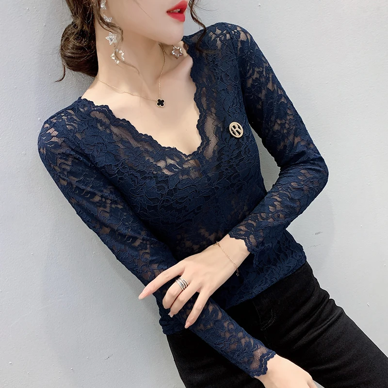 Elegant See-Through Lace Mesh Deep V Neck Shirt