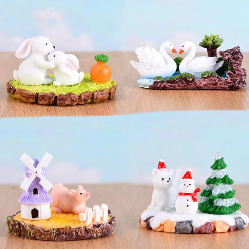 

1set new Creative Spring summer autumn and winter Miniature Animal Rabbit Goose Statue DIY Resin Crafts Figure Toys gift
