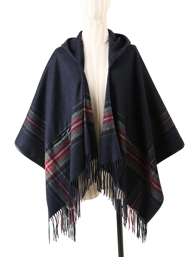 CAVME, темно-синее полосатое шерстяное пончо для женщин, Дамский палантин с капюшоном, шарф из пашмины, шерсть, натуральная овчина, 460 г