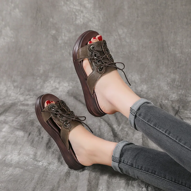 

[] 2019 England Retro Genuine Leather Peep-Toe Slipper Outer Wear Semi-Slipper Flat Platform Sandals