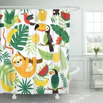 

Orange Jungle Tropical Animals Sloth Palm Summer Banana Beautiful Shower Curtain Waterproof Polyester Fabric 72 x 78 Inches Set