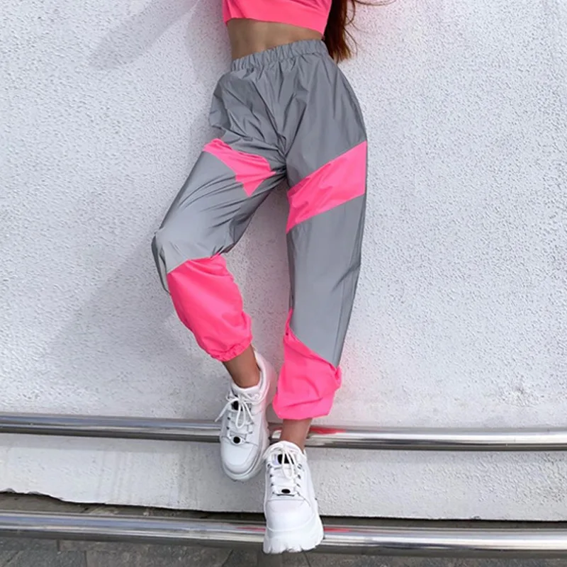 

New Sports Casual Mid Waist Stitching Reflective Casual Pants Cropped Pants 2020 Spring New Casual Pants