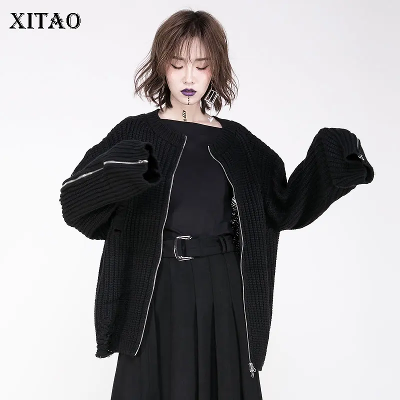 XITAO Винтаж Панк стиль черный вязаный Топ Женская одежда Мода Молния отверстие ленивый ветер свободные кардиганы свитер GCC1115