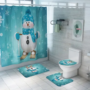 

Christmas Snowman Bathroom Mat Set Optional Shower Curtain with Hooks Anti Slip Carpet Toillete Seat Cover for Party Home Decor