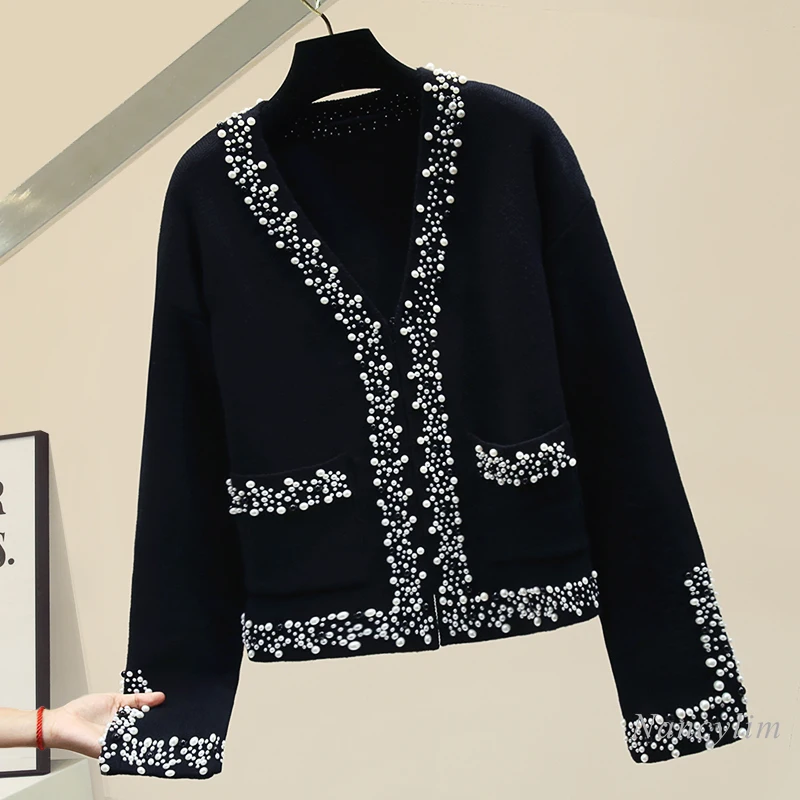 Black Cardigan Woman Autumn Beaded V-neck Knitted