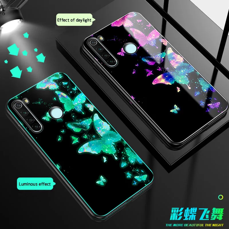 

Colorful butterfly Luminous Glass Case For Xiaomi redmi Note 8 8 Pro Luxury Back Cover For Redmi Note 8 pro phone case coque