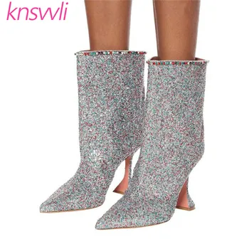 

New Silver Sequin Ankle Boots Women Pointed Toe Rhinestone Runway Party Bling Boots Woman Shoes Triangle High Heels Short Boots