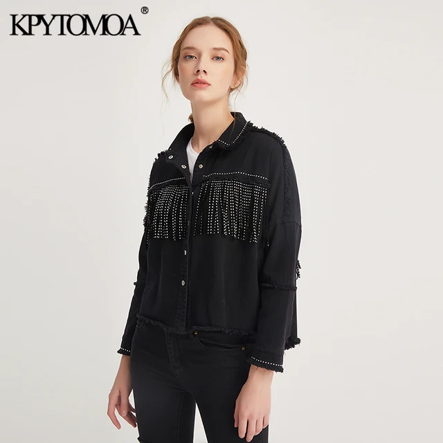 US $22.19 Vintage Stylish Fringe Beaded Oversized Jacket Coat Women 2020 Fashion Long Sleeve Frayed Trim Ladi